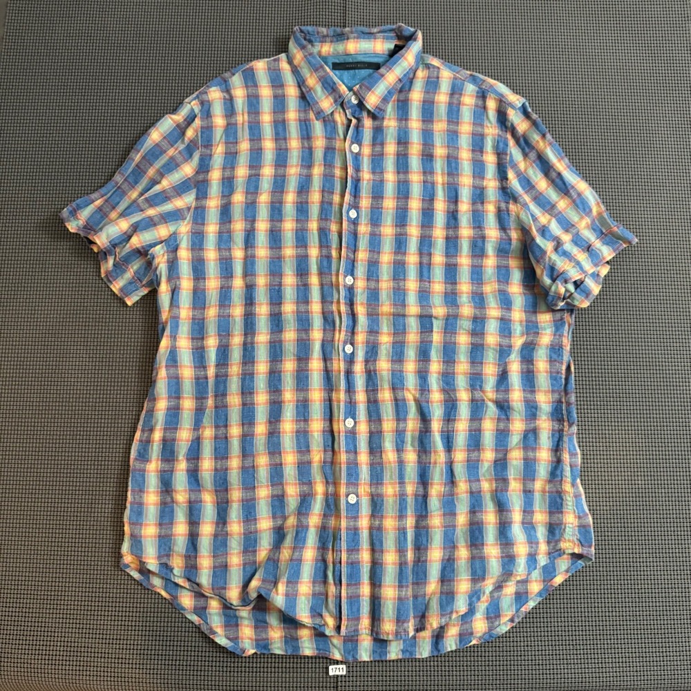 Perry Ellis Mens XL 100% Linen Short Sleeve Plaid Button Up Shirt Blue Orange